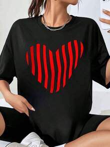 Camiseta Oversize con Diseño de Corazón a Rayas para Mujer, Top Casual de Corte Holgado, Regalo para el Día de San Valentín, Pieza de Moda Artística - Negro - Ver 7