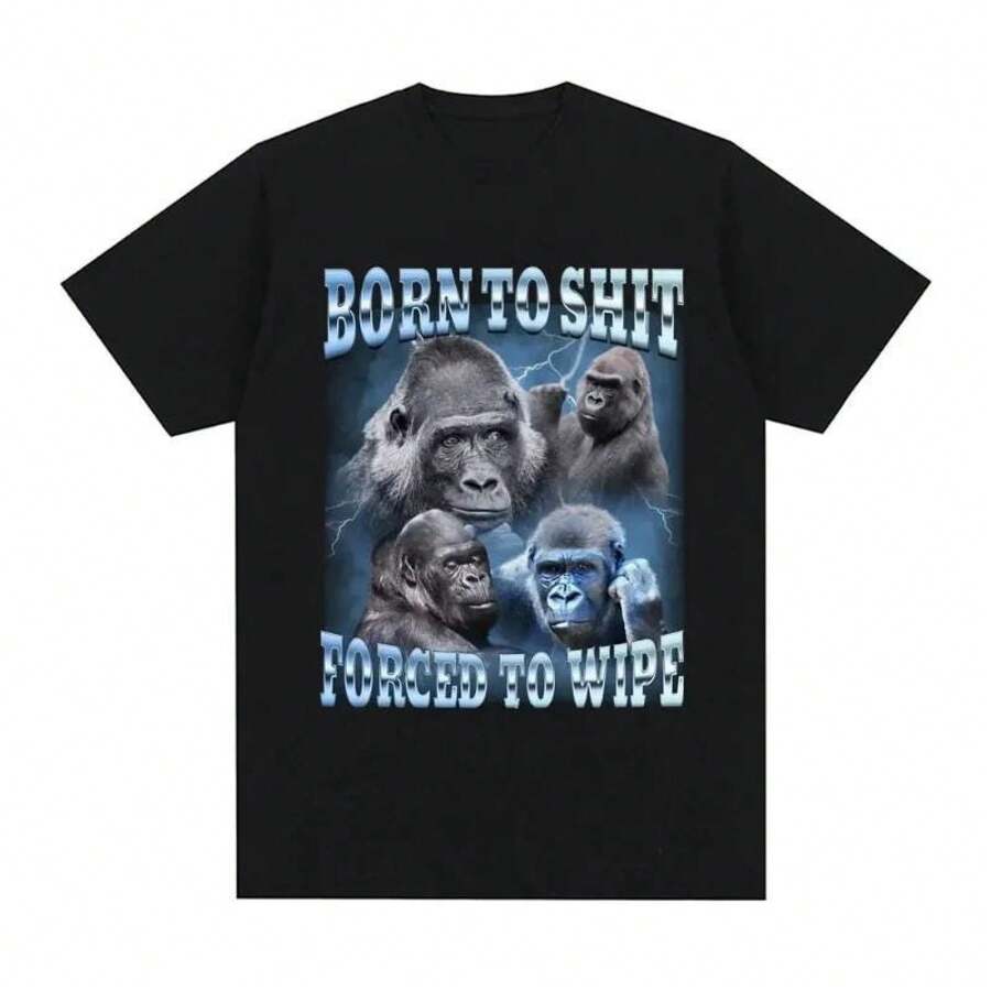 Funny Gorilla Meme Shirt, Born To  Forced To Wipe Hoodie, Y2K Aesthetic Shirt, Weirdcore Graphic Sweatshirt, Unhinged Animal Shirtblusas para mujer playeras de mujer vestidos casuales para mujer y2k playeras deportivas para mujer verano camisetas ropa de mujer Fashion Perfect For Daily - Negro - Ver 1