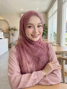 1pc Women's Rose Embroidered Scarf, Lightweight Breathable Lace Headscarf - Multicolor Rose Embroidery - View 1