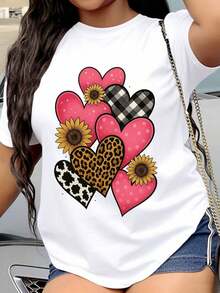 Women's T-Shirt With Heart, Sunflower, And Leopard Print, Casual Black Summer T-Shirt For Women, Valentine's Day Gift, Wearable Art, Fashion Statement - 白色 - 查看 1