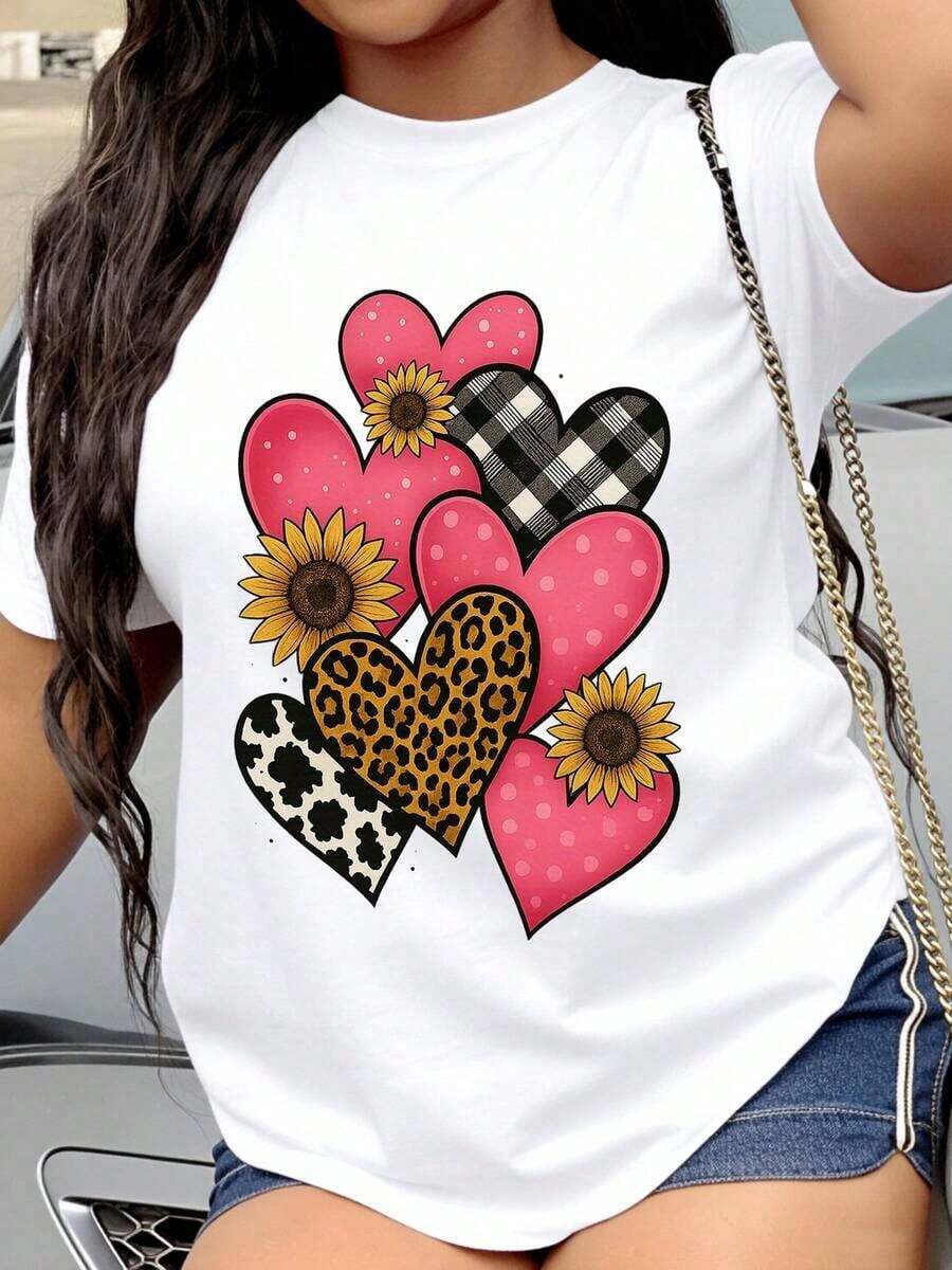 Women's T-Shirt With Heart, Sunflower, And Leopard Print, Casual Black Summer T-Shirt For Women, Valentine's Day Gift, Wearable Art, Fashion Statement - 白色 - 查看 1