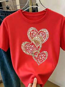 Women's Red T-Shirt With Heart And Love Print And Glitter Effect, Casual Short Sleeve Round Neck T-Shirt, Romantic Loose Blouse For Everyday Wear, Summer And Casual Outfits - 紅色 - 查看 1