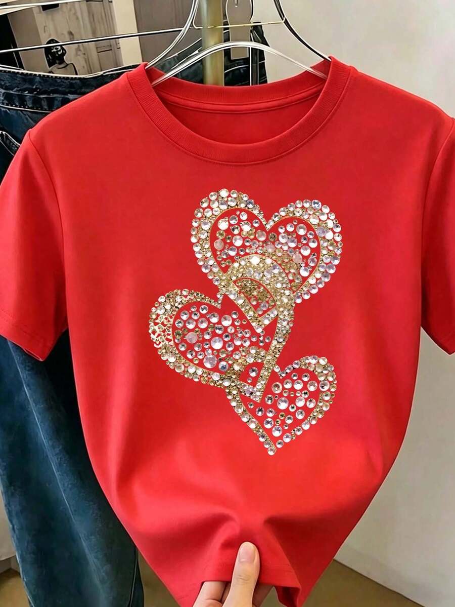 Women's Red T-Shirt With Heart And Love Print And Glitter Effect, Casual Short Sleeve Round Neck T-Shirt, Romantic Loose Blouse For Everyday Wear, Summer And Casual Outfits - 紅色 - 查看 1