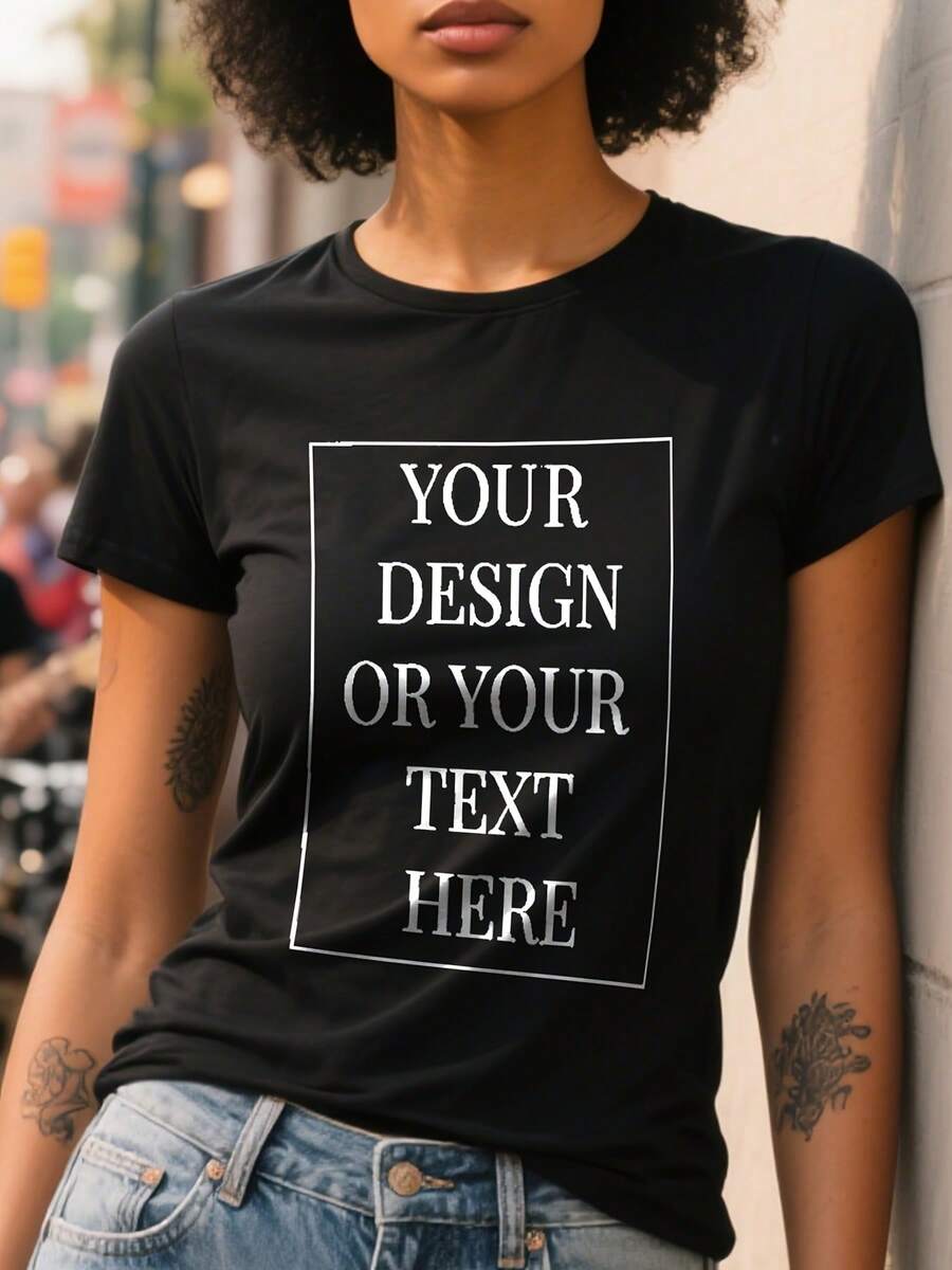 Customizable Printed T-Shirt For Women - Casual Black Short Sleeve Crew Neck T-Shirt, Relaxed Fit For All Seasons, Perfect For Everyday Wear And Holiday Outfits, Pair With Light Blue Jeans (Machine Washable). - 黑色 - 查看 1