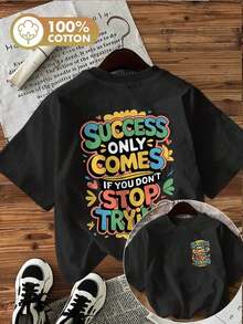 | Exquisite Design | Loose And Comfortable | Easy To Match | [Double-Sided Print] Women's Spring/Summer T-Shirt With Cartoon Letter Decoration, SUCSSS ONLY COMES Print, Pure Cotton, Casual Daily Wear, Short Sleeve, Round Neck, Women's T-Shirt - 黑色 - 查看 1