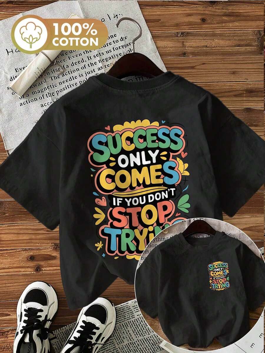 | Exquisite Design | Loose And Comfortable | Easy To Match | [Double-Sided Print] Women's Spring/Summer T-Shirt With Cartoon Letter Decoration, SUCSSS ONLY COMES Print, Pure Cotton, Casual Daily Wear, Short Sleeve, Round Neck, Women's T-Shirt - 黑色 - 查看 1
