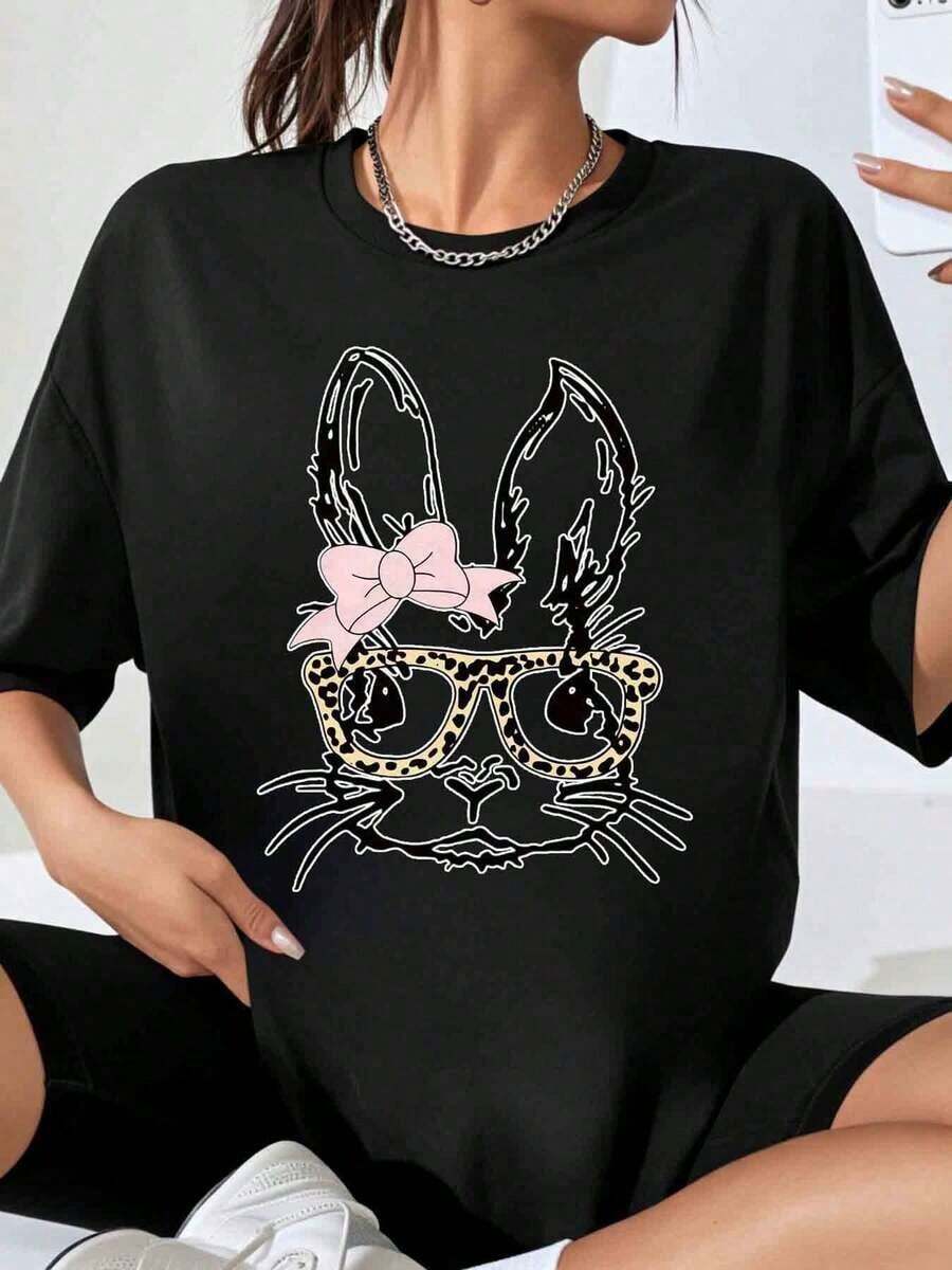 Adorable Bunny Face Print T-Shirt With Leopard Glasses And Pink Bow, Casual Top For Women, Spring-Summer Streetwear, Oversized T-Shirt. - 黑色 - 查看 1
