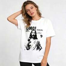 1 Piece Of Women's Casual Cotton T-Shirt, With Round Neck And Short Sleeve, With Unique Graphic Print, Regular Length, For Urban Fashion Styles. - 白色 - 查看 1