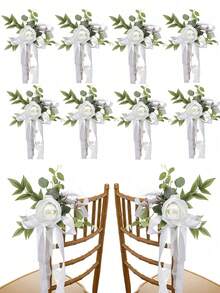 12/6pcs Wedding Aisle Chair Back Flower Bouquet Decor, Rose Style Wedding Chair Decorations (With Leaves And Ribbons), Suitable For Wedding Ceremony Decoration, Church Pew Decor. Holiday Party Supplies, Party Decorations, Wedding Decorations - A - View 1