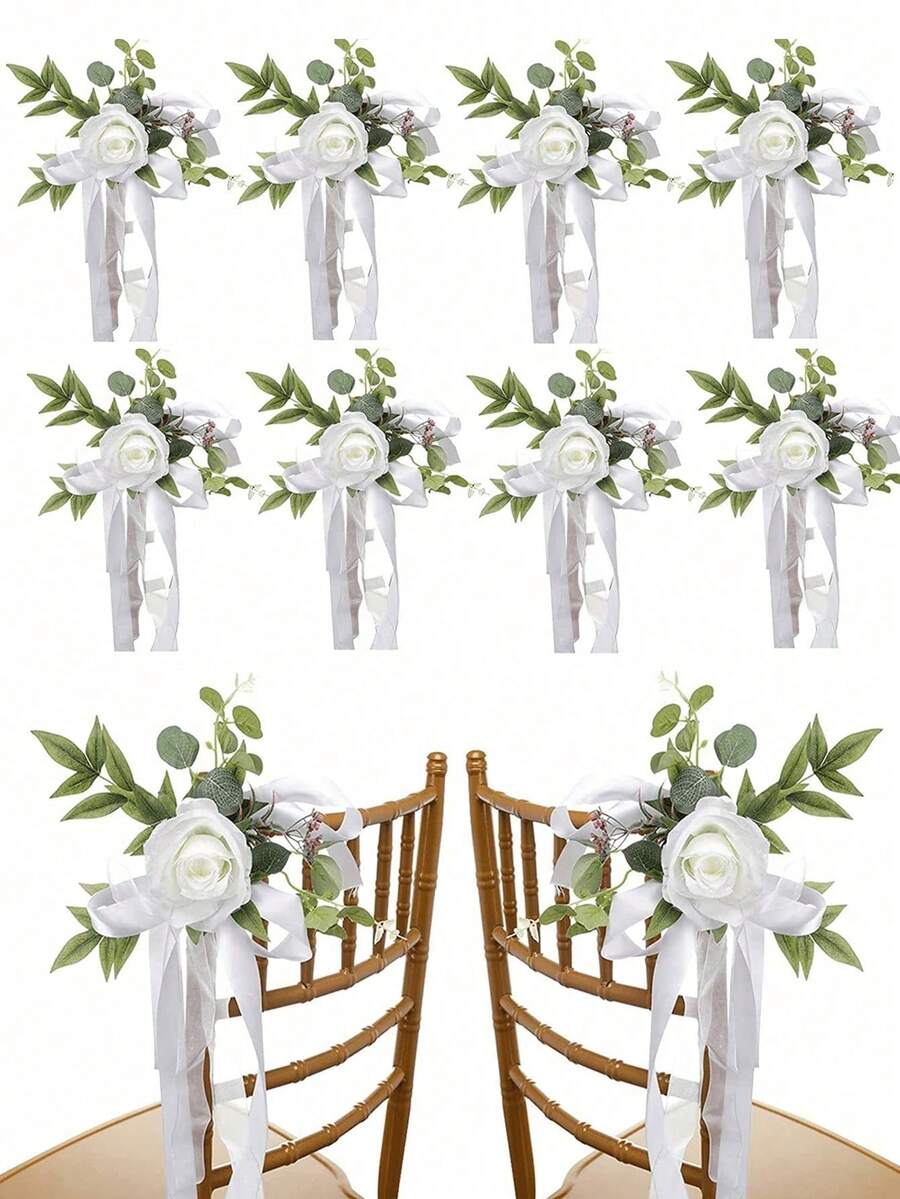 12/6pcs Wedding Aisle Chair Back Flower Bouquet Decor, Rose Style Wedding Chair Decorations (With Leaves And Ribbons), Suitable For Wedding Ceremony Decoration, Church Pew Decor. Holiday Party Supplies, Party Decorations, Wedding Decorations - A - View 1