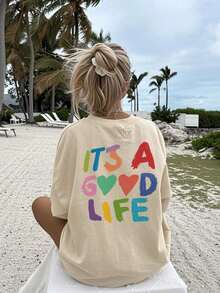 Women's Short-Sleeved T-Shirt With A Round Neck And Colorful Slogan Print, A New Summer Style Suitable For Everyday Wear. Vacation Graphic T-Shirt For Women, White Top For Women - 杏色 - 查看 8