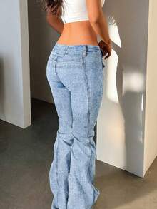 Calças jeans Y2K elásticas azuis de cintura baixa, skinny e bengala, femininas, sexy, vintage, elegantes, streetwear, bengala, férias, casual, calças bengala, verão 2026 casual - Azul Empoeirado - Ver 5