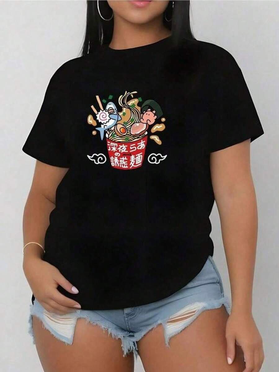 Camiseta única estilo y2k con diseño colorido de fideos y personajes divertidos ideal para los amantes de la cultura asiática un toque original y trendy que resalta tu personalidad perfecta para cualquier ocasión y destaca en tu guardarropa Cómoda y versátil para escuela, trabajo, salidas y eventos casuales - Negro - Ver 1
