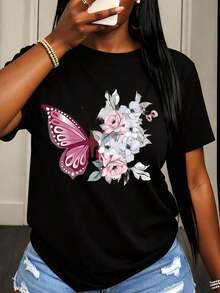 Camiseta con Estampado de Mariposas y Flores para Mujer, Top Casual de Verano, Camiseta de Manga Corta con Estampado Floral para Mujer, Camiseta Blanca de Moda con Diseño de Mariposa Rosa - Negro - Ver 1