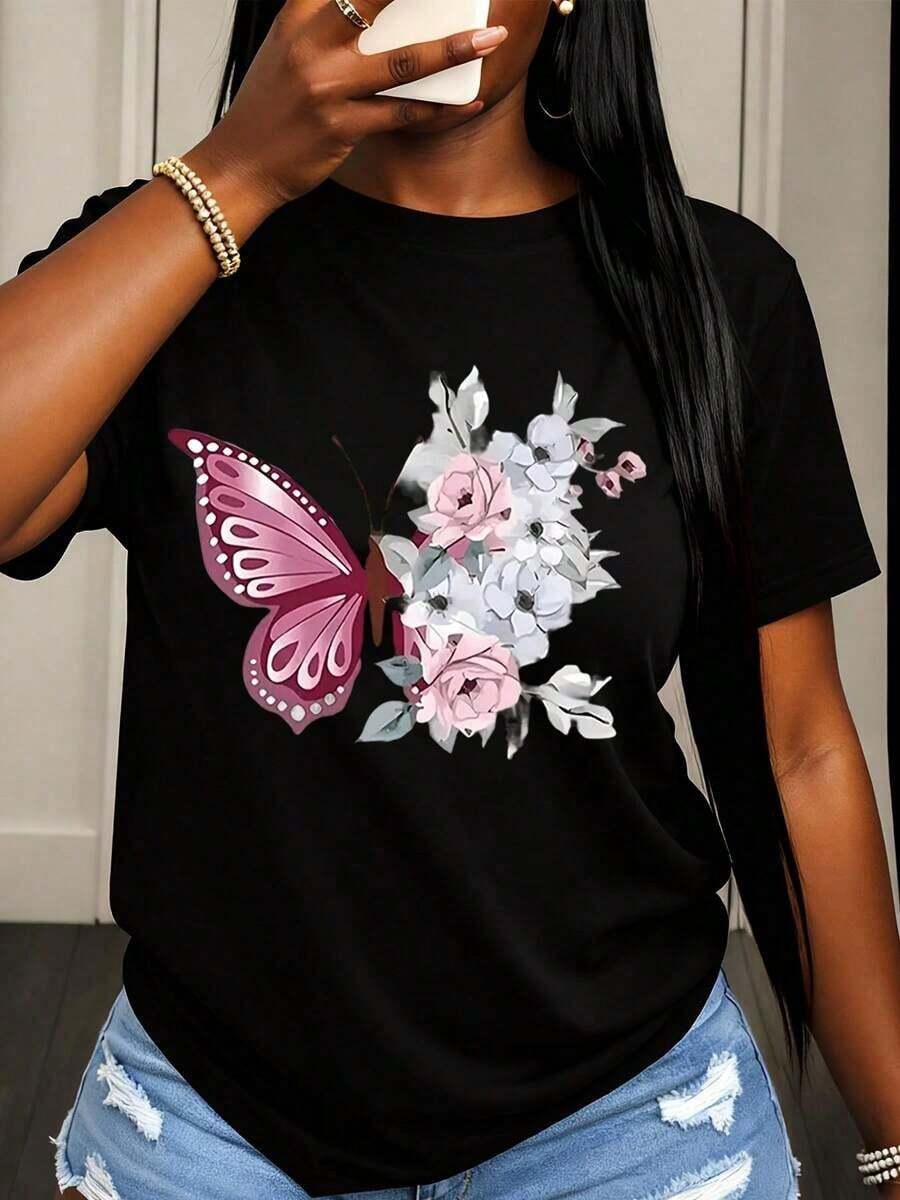 Camiseta con Estampado de Mariposas y Flores para Mujer, Top Casual de Verano, Camiseta de Manga Corta con Estampado Floral para Mujer, Camiseta Blanca de Moda con Diseño de Mariposa Rosa - Negro - Ver 1