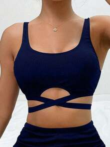 Swim Basics Conjunto de bikini sexy de un solo color con diseño de cruz para mujer, ideal para playa de verano - Azul marino - Ver 4