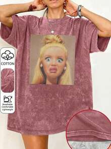 de mujer talla grande con muñeca sorprendida, cuello redondo, manga corta, casual, para primavera/verano/otoño, tops de vacaciones de verano - Rosa Fucsia - Ver 6