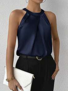Privé Blusa de satén sin mangas con cuello de volantes de unicolor elegante para la oficina y el trabajo, color champán - Azul marino - Ver 3