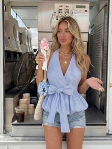 2026 Nueva llegada Blusa de mujer con estilo envolvente y detalle de lazo, patrón de rayas clásico - Versátil para uso casual diario, oficina, viajes relajados - Multicolor 8 - Ver 8