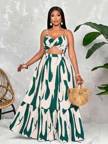 Vestido maxi elegante y casual para mujer de talla grande con estampado floral romántico, sin mangas, con cintura ceñida y nudo, tirantes de espagueti, para vacaciones en la playa, primavera y verano, para el verano en Hawái, vestidos de verano p - Verde Oscuro - Ver 3