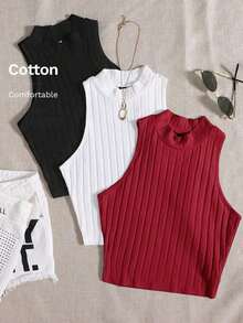 Top de tanque casual sólido de cuello redondo acanalado para el verano - Multicolor 3 - Ver 5