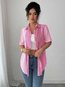 Camisa de mujer de manga corta, ajuste ceñido, con dobladillo curvo dividido, unicolor minimalista, para uso diario y casual en verano - Multicolor 4 - Ver 3