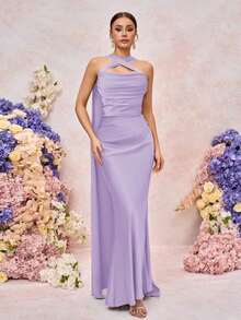 Vestido de dama de honor elegante, romántico, verde, tejido mate, decoración de cinta, hombros descubiertos, sin tirantes, entallado, cola de pez - Morado Violeta - Ver 6