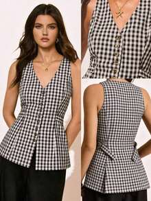 Camiseta sin mangas ajustada de mujer con cuello en V y botones delanteros de unicolor - Negro 2 - Ver 2