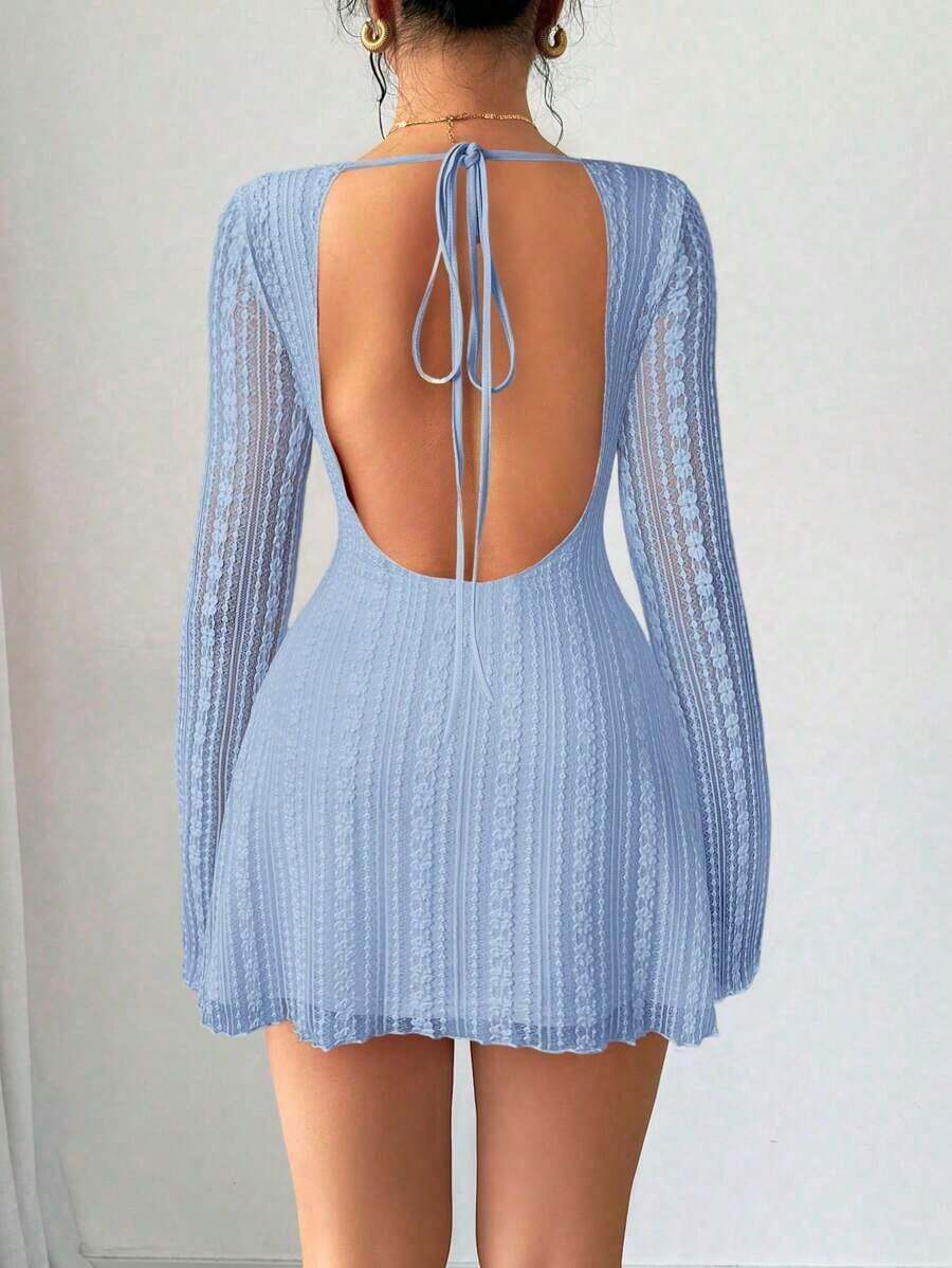 mini ajustado de encaje de estilo elegante, romántico y sexy para mujer, adecuado para fiestas, vacaciones, vuelta al colegio, citas románticas, bodas y cumpleaños - Manga larga - Celeste - Ver 1