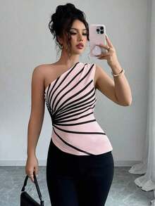 Blusa de punto con estampado de hombro oblicuo elegante para vacaciones de verano para mujer - Rosa Pálido - Ver 3