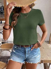 de manga corta para la primavera y el verano con cuello redondo y unicolor en tela texturizada para uso casual - Verde Oscuro - Ver 3