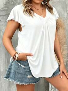 Camiseta de mujer de talla grande con cuello en V, manga corta, calada y bordada, para usar de vacaciones - Blanco - Ver 3