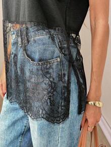 Top de mujer sin mangas de cuello redondo con dobladillo de encaje, primavera/verano - Negro - Ver 7