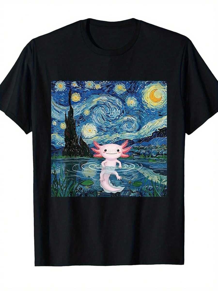 Van Gogh's 'Starry Night' Art T-Shirt, Unisex For Men And Women, Black With Pink Axolotl, Regular Fit, Casual Graphic Tee For Daily Themed Events, Adult Artistic Clothing - 黑色 - 查看 1