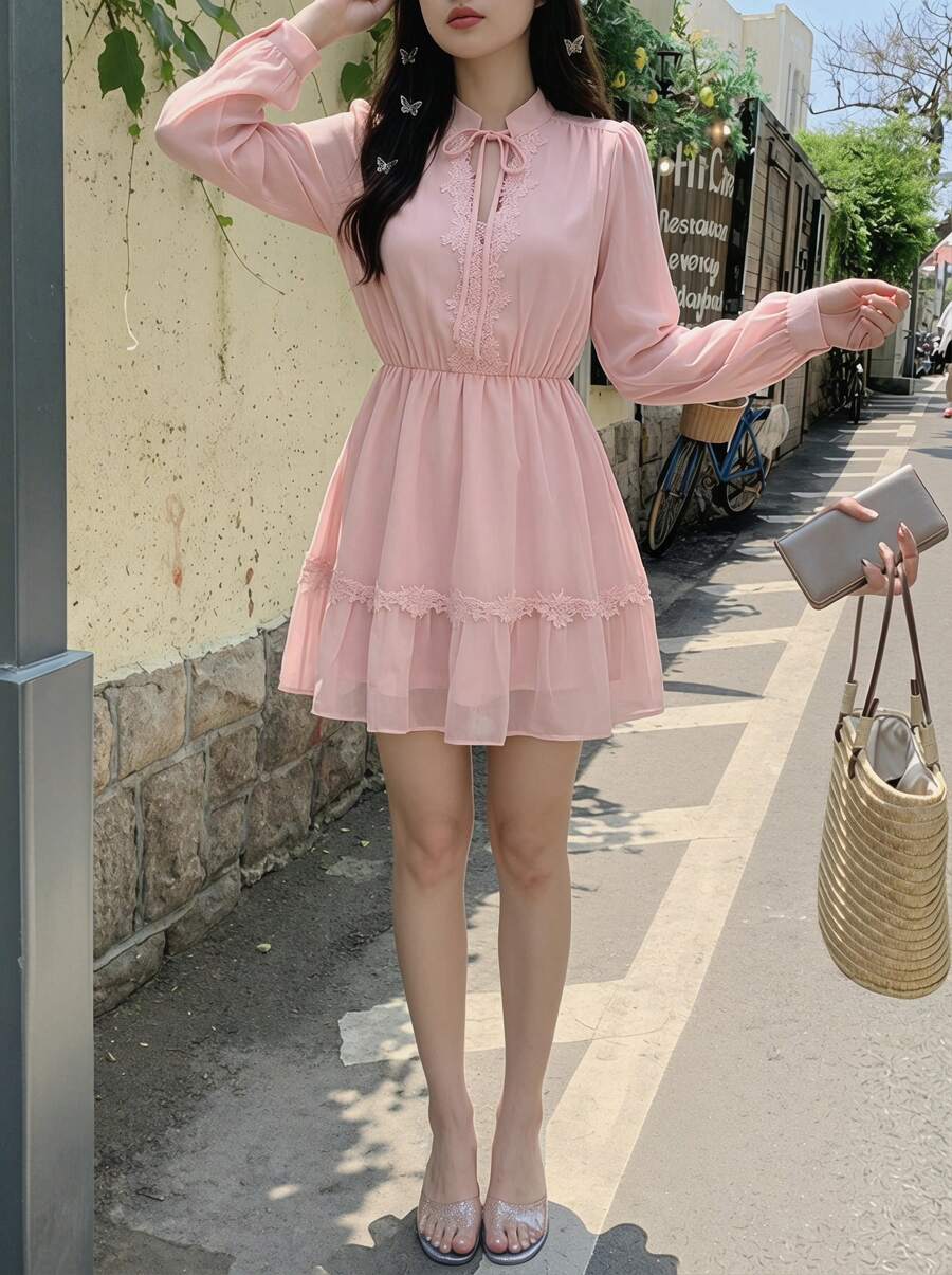 Rikumo Solid Color Elegant Pleated Ruffle/Frill Hem Short Dress, Suitable For Evening Date And Vacation Spring Casual - Baby Pink - View 1