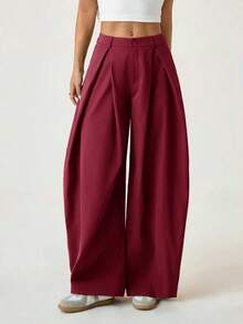 Pantalones anchos de verano con dobladillo curvo verde, estilo vintage, casual y para salir - Burdeos - Ver 3