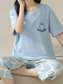 AICJ 女青年女孩休閒簡約可愛卡通兔子字母印花圓領短袖[T恤]上衣、3/4長短褲睡褲，春夏季居家派對度假穿搭睡衣家居服套裝2件組 - 淺藍色 - 查看 6