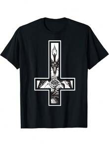 Unisex T-Shirt For Men And Women With Baphomet Graphic And Inverted Cross, Gothic Style, Black And White, Regular Fit, Short Sleeve, Urban Casual Wear, Bold Alternative Fashion, Durable And Machine Washable - 黑色 - 查看 1