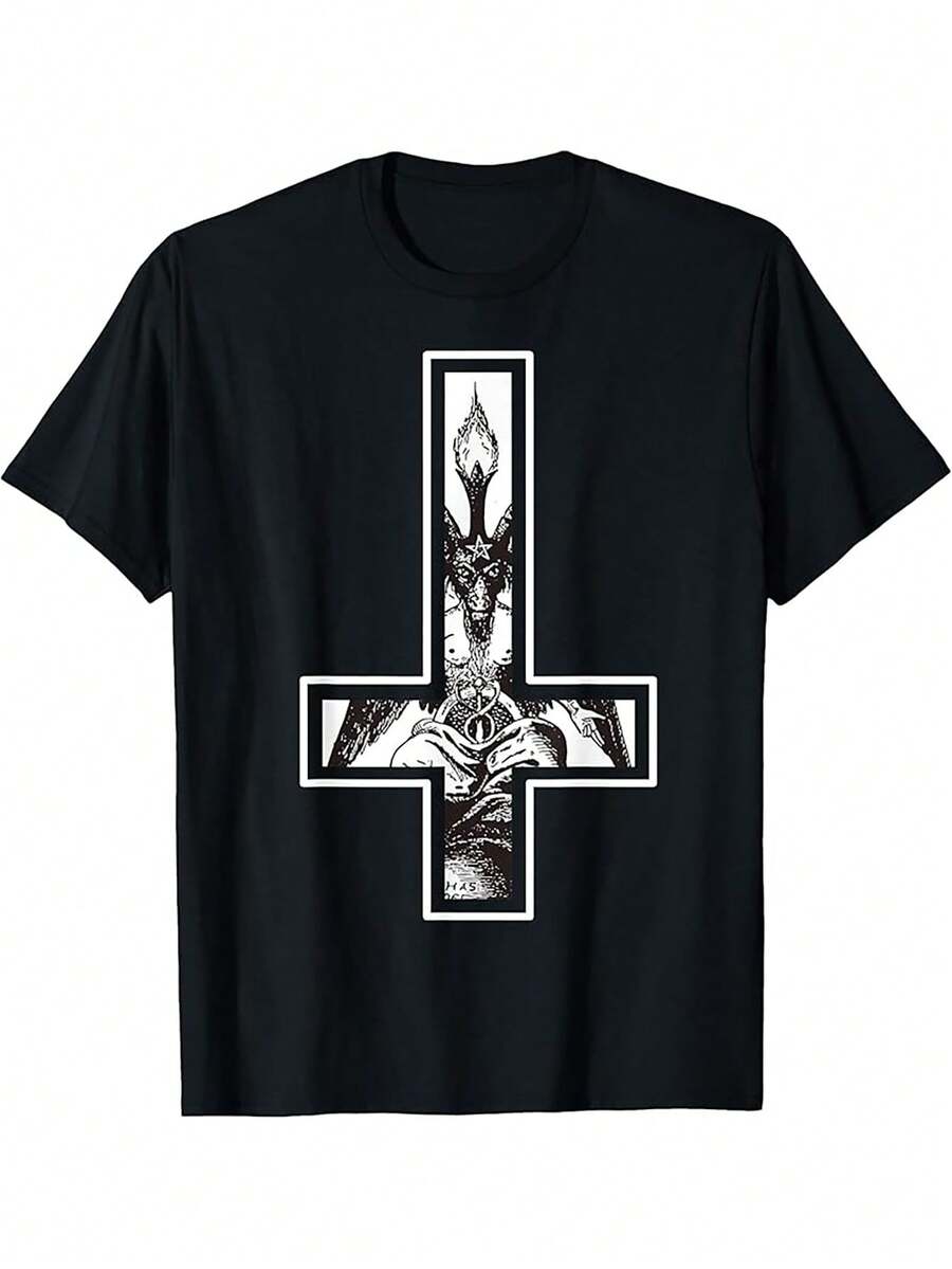 Unisex T-Shirt For Men And Women With Baphomet Graphic And Inverted Cross, Gothic Style, Black And White, Regular Fit, Short Sleeve, Urban Casual Wear, Bold Alternative Fashion, Durable And Machine Washable - 黑色 - 查看 1