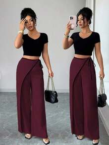 Elenzya Pantalones anchos de traje de color block elegante color albaricoque para mujeres - Burdeos - Ver 7