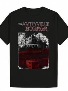Unisex Horror Themed T-Shirt, Amityville Haunted House Graphic Design, Casual Black Crew Neck, Stretch Fabric, Summer Top For Horror Movie Fans - 黑色 - 查看 7
