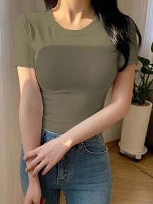 Camiseta de manga corta de corte slim con cuello redondo de color liso y versátil - Verde militar - Ver 6