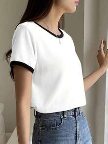 Camiseta básica de mujer de manga corta y cuello redondo, color liso, top de verano - Blanco - Ver 3