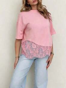 Camiseta de manga corta con parche de encaje de punto de unicolor, casual, deportiva, para uso en oficina en primavera/verano, color blanco - Rosa - Ver 1