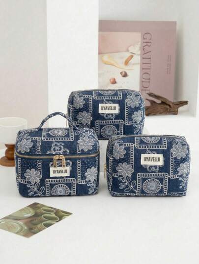 1pc/3pcs Blue Large Capacity Makeup Bag, Cute And Elegant Flower Pattern Bohemian Style Holiday Leisure Wash Bag, Fashionable High-End Handbag, Zipper Portable Travel Wash Bag, Portable Storage Bag, Makeup Bag Set, Soft Fabric Makeup Bag Set, Women's Wallet And Handbag, Suitable For Family, Travel, Vacation And School, Essential For Bedrooms, Bridesmaid Gift, Mother's Day Gift, Birthday Gift. (Random Pattern)