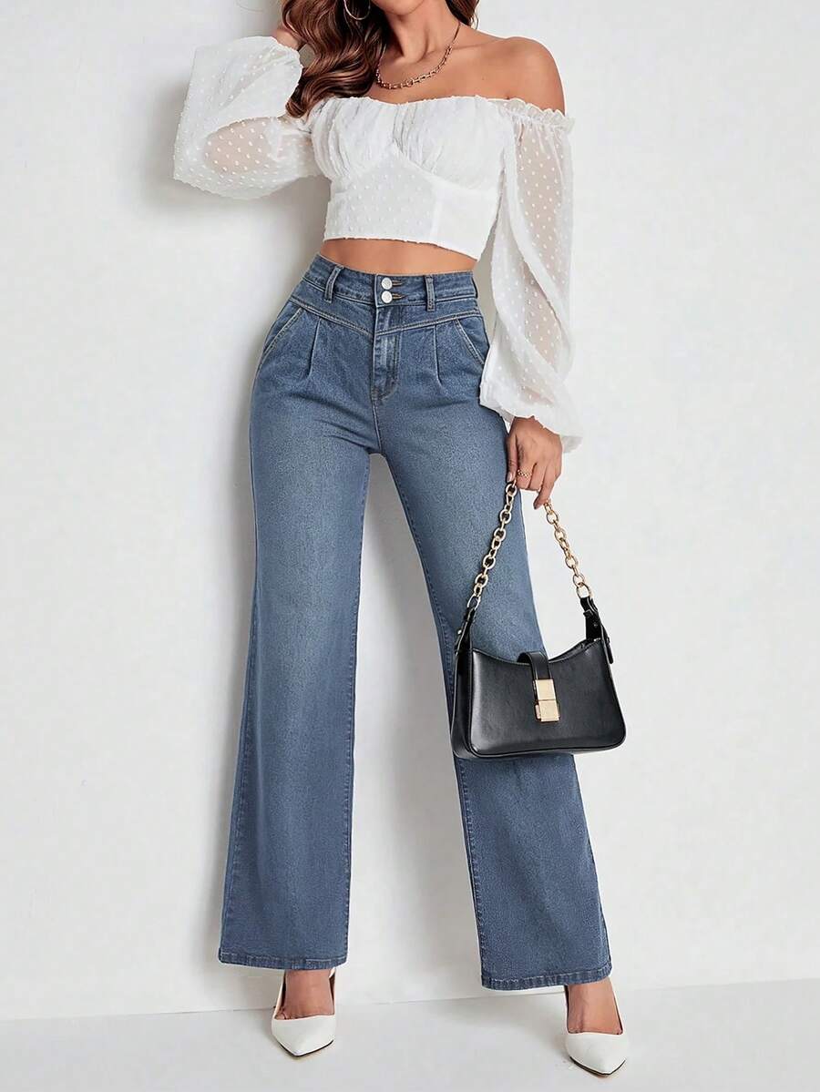 ALO FASHION Pantalones vaqueros largos de mezclilla de pierna ancha con efecto lavado y alta elasticidad para mujer, ideales para conjuntos de primavera y estilo bohemio. - azul real - Ver 1