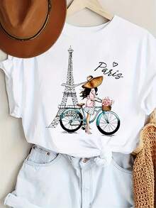 1 Casual White Printed T-Shirt, With A Summery Paris-Themed Design Featuring The Eiffel Tower And Bicycles, Perfect For Spring And Summer. 180g 100% Cotton. - 白色 - 查看 6