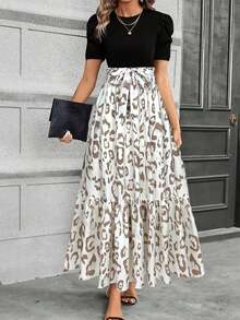 YHHVestido de línea A de Keke Bloomly para mujer, elegante manga abullonada con detalle de lazo en la cintura, cuello redondo, lavable a máquina, casual y semi-formal, tela ligera, estampado de leopardo, para primavera y vacaciones de veranoYHH - Caqui - Ver 10
