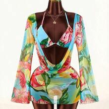 3pcs Women's Floral Cover-Up Swimsuit Set, Sexy Backless Deep Draped Neck Design, Suitable For Holiday Wear Beach Vacation Outfits For Women - Multicolor - Ver 5