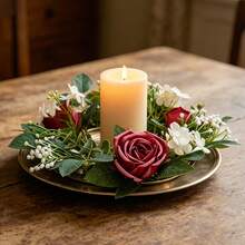 Flower Wreath Candle Rings Decorative Rose Wreath Pillar Candle Garland For Home Dining Table - Burgundy - View 8